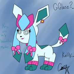  animals_only bow female_only glaceon happy_trance nintendo pokemon pokemon_(creature) shyker smile solo spiral_eyes standing standing_at_attention symbol_in_eyes text 