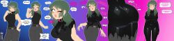  4headboiii absurdres ahoge ass breasts choker clothed dialogue drone dronification drool earrings expressionless eye_color_change eye_roll female_only femsub glowing_eyes green_hair heart huge_breasts hypnotic_accessory latex multiple_views open_mouth original piercing pink_eyes sequence solo standing standing_at_attention text twintails yellow_eyes yeruka_(4headboiii) 