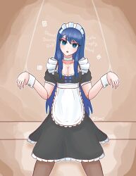 absurdres bangs blue_eyes blue_hair cleavage clothed cuffs doll dollification empty_eyes expressionless female_only femsub maid maid_headdress open_mouth pantyhose penlight puppet sayori_watanabe solo standing text uniform very_long_hair zires