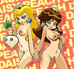 blonde_hair bottomless breasts brown_hair crown female_only femsub happy_trance jewelry large_breasts long_hair manip multiple_girls nintendo nude princess princess_daisy princess_peach pussy spiral spiral_eyes super_mario_bros. symbol_in_eyes tattoo text topless vorp_(manipper)