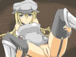 bismarck_(kantai_collection) blonde_hair bottomless empty_eyes expressionless femsub kantai_collection kubota_shuichi long_hair personification sketch spread_legs thighhighs traditional