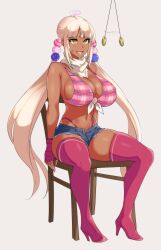  absurdres blonde_hair chair cleavage dark_skin empty_eyes female_only femsub happy_trance hevn high_heels hololive hololive_english jean_shorts large_breasts legs midriff navel open_mouth pendulum sana_tsukumo short_shorts shorts sitting solo thigh_boots thigh_heels twintails virtual_youtuber 