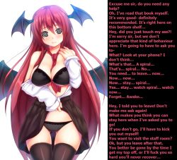 bat_wings black_panties blush bra breasts caption cleavage ebi_193 female_only femsub icontrol_(manipper) joking101_(writer) koakuma large_breasts long_hair looking_at_viewer maledom manip monster_girl open_clothes panties red_hair skirt skirt_lift spiral_eyes symbol_in_eyes text thighhighs touhou unaware underwear undressing