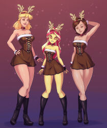  absurdres blonde_hair bonkers boots breasts brown_hair christmas cleavage disney equestria_girls female_only femsub happy_trance helen_parr large_breasts lipstick milf miranda_wright multicolored_hair multiple_girls my_little_pony reindeer short_hair spiral_eyes sunset_shimmer symbol_in_eyes the_incredibles western yellow_skin zelamir 