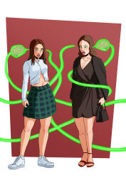 absurdres brain brain_sucking brainless brown_hair clothed external_brain female_only femsub green_eyes lobotomy midriff necklace new-ereon open_mouth original skirt sneakers standing tongue tongue_out white_background