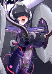 black_hair blush bodysuit breasts defeated femsub garoo_hoshi magical_girl milking_machine mole navel open_mouth original restrained see-through short_hair tech_control tight_clothing tongue tongue_out visor