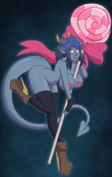 bimbofication blue_hair blue_skin bottomless critical_role demon_girl elf_ears female_only femsub happy_trance horns jester_(critical_role) lollipop monster_girl nude pasties solo symbol_in_eyes tagme topless wrenzephyr2
