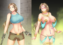 before_and_after belt blush breasts brown_hair chains collar corruption dancer earrings femsub glowing glowing_eyes gun hadant jewelry lara_croft large_breasts navel navel_piercing piercing pink_eyes shorts tomb_raider transformation weapon