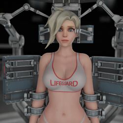  3d absurdres alternate_costume bare_shoulders bikini blonde_hair breasts cleavage collarbone cuffs dazed esccc expressionless female_only femsub huge_breasts indifferent mercy navel overwatch pov pov_dom short_hair solo spiral_eyes standing symbol_in_eyes tech_control text thong unaware wide_hips wufan870203 