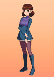  boots brown_eyes brown_hair dress female_only gradient_background looking_at_viewer megaman_(series) megaman_battle_network ms.mari ochiman1919 orange_background pantyhose short_hair simple_background solo standing 