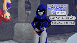 cloak clothed dc_comics dialogue dogdog english_text floating goth green_eyes grey_skin multiple_girls purple_eyes raven red_hair starfire text