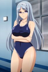  bare_legs bare_shoulders breasts crossed_arms empty_eyes expressionless female_only femsub gakuen_de_jikan_yo_tomare glasses grey_hair hair_band large_breasts long_hair one-piece_swimsuit purple_eyes school_swimsuit screenshot shizuru_takahama solo standing swimsuit time_stop 