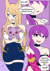 ahri_(league_of_legends) alternate_costume alternate_form alternate_hair_color alternate_hairstyle bare_shoulders bear blonde_hair blue_eyes blush breasts choker cleavage comic corruption dialogue embarrassed english_text evelynn_(league_of_legends) femsub fox_ears happy_trance hug karthus_(league_of_legends) kitsune_girl league_of_legends long_hair maledom midriff no_eyes possession purple_background purple_eyes purple_hair smile speech_bubble sweat tail text thighhighs thighs vel viego_(league_of_legends)