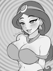 aladdin_(series) breasts cleavage disney femsub happy_trance harem_outfit jewelry large_breasts long_hair monochrome navel porniky princess princess_jasmine sketch smile spiral_eyes symbol_in_eyes