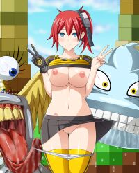  absurdres ami_aiba ami_aiba blue_eyes blush breasts clothed digimon digimon_story_cyber_sleuth digimon_world empty_eyes femsub gloves happy_trance large_breasts panties platinum_numemon platinum_sukamon prede red_hair underwear 
