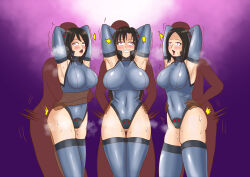  armpits arms_above_head blush breasts breath brown_hair clothed_sex eye_roll femsub gloves gradient_background high_heels huge_breasts large_breasts leotard long_hair maledom multiple_doms multiple_girls multiple_subs navel open_mouth opera_gloves otakubouzu_87 pink_eyes sex short_hair simple_background smile sweat teacher thick_thighs thigh_boots thighhighs trembling 