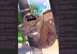  bandage bare_legs barefoot beach bikini blonde_hair blush breasts cameltoe caption censored drugged drugs feet femsub flat_chest hypnotic_drug legs little_witch_nobeta loli long_hair maledom manip mind_break red_eyes sex small_breasts sunglasses surprised swimsuit table text trees twintails 