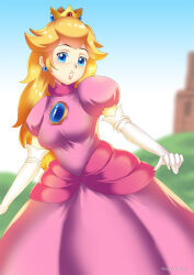 blonde_hair breasts crown dress earrings female_only gloves hadant jewelry large_breasts long_hair nintendo opera_gloves princess princess_peach signature simple_background solo super_mario_bros. watermark