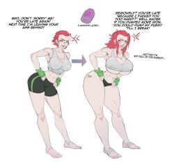 abs ass_expansion before_and_after bimbofication breast_expansion breasts dialogue female_only frozenaardvark hair_growth huge_ass huge_breasts original short_hair text tomboy