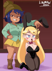 beanie black_hair blonde_hair blue_eyes boots bow_tie bunny_ears bunnysuit disney eyebrows_visible_through_hair femdom femsub janna_ordonia kneeling large_breasts lirudraw long_hair pendulum short_hair signature simple_background skirt spiral_eyes star_butterfly star_vs_the_forces_of_evil tongue_out