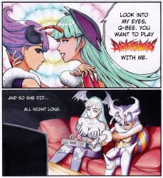  absurdres antenna_(biology) bee_girl breasts bug_girl capcom cleavage color comic couch crossed_legs darkstalkers demon_girl dialogue english_text female_only femdom femsub green_eyes green_hair happy_trance humor jesturia large_breasts morrigan_aensland open_mouth purple_hair q-bee sitting smile smirk speech_bubble succubus text tv video_game wings 
