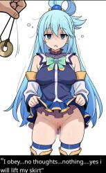 ai_art aqua_(konosuba) blue_hair censored empty_eyes femsub kono_subarashii_sekai_ni_shukufuku_wo! large_breasts pendulum text