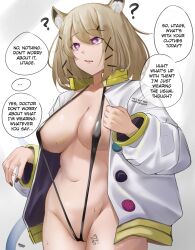  altered_common_sense animal_ears arknights blonde_hair body_writing breasts cleavage clothed_exposure confused doctor_(arknights) english_text erect_nipples_under_clothes eroborne femsub hair_ornament heart heart_eyes jacket large_breasts midriff nail_polish navel nipples open_mouth pink_eyes preview signature simple_background sling_bikini speech_bubble symbol_in_eyes text thigh_gap thighs tongue utage_(arknights) 