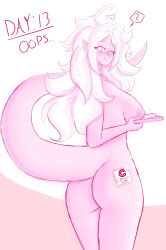 a_singular_fish android_21 ass blush cake confused dragon_ball earrings elf_ears female_only femsub hypnovember large_breasts legs long_hair looking_at_viewer looking_back nipples nude pink_eyes pink_skin simple_background smile solo stickers tail tray white_background white_hair