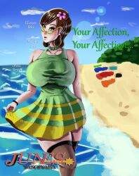  absurdres advertisement beach blush bracelet breasts brown_hair chie_satonaka collarbone domestication dress earrings female_only femsub flower flower_in_hair foolycooly glasses hair_ornament happy_trance huge_breasts jewelry looking_at_viewer necklace open_mouth persona_(series) persona_4 short_hair smile standing stepfordization text thighhighs yellow_eyes 