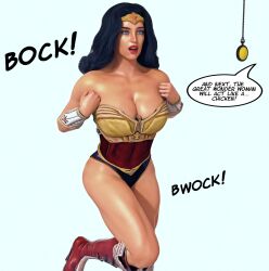  3d black_hair breasts chicken_pose dc_comics femsub large_breasts op-tron pet_play super_hero text western wonder_woman 