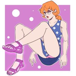  bare_legs border braid cleavage collarbone dress dress_shirt ef-nsfw feet female_only femsub foot_focus glasses glowing_eyes hypnotic_clothing legs open_mouth orange_hair original panties purple_background purple_eyes ring_eyes sandals simple_background sitting skirt solo toenail_polish 