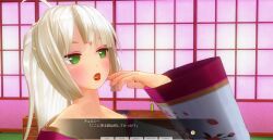 3d blush breasts chelsea_(mc_trap_town) dialogue female_only green_eyes japanese_clothing kamen_writer_mc kimono large_breasts lipstick long_hair mc_trap_town ponytail red_lipstick screenshot solo text translated white_hair
