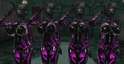  3d bodysuit bondage breasts custom_maid_3d_2 cyber-sexaroid_(dndniwana3s) drone female_only femsub helmet hidoi_koto_suru_man huge_breasts large_breasts latex mask multiple_girls multiple_subs rubber saluting standing standing_at_attention tight_clothing 