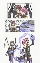 absurdres bare_shoulders black_hair breasts choker corruption emerald_lazers evil_smile expressionless female_only femdom femsub hand_on_another&#039;s_cheek hand_on_head homura_akemi hypnotic_magic looking_at_viewer madoka_kaname magic pink_hair puella_magi_madoka_magica smile transformation very_long_hair white_background wings