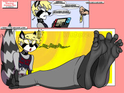  barefoot camden_hex_(kimberco) collar consensual dialogue drool expressionless feet female_only femsub foot_focus furry glowing_eyes kimberco leaning_forward nintendo_switch open_mouth original pendulum punk raccoon_girl spiral_eyes symbol_in_eyes tail text transfem transgender_identity underwear 