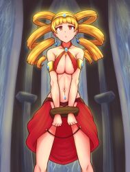  blonde_hair breasts drill_hair empty_eyes femsub harem_outfit hypnovember jewelry mariabell_crois nipples red_eyes restrained standing the_legend_of_heroes thekinkyfinn trails_from_zero 