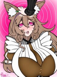 animal_ears anno_(anno) asto_(asto) bandana birthday blush breasts brown_hair clothed drool expressionless eye_roll eyeshadow female_only femdom femsub ferret_girl glowing_eyes hand_on_head headband huge_breasts hypnotic_accessory hypnotic_hands hypnotic_touch long_hair long_nails nail_polish open_mouth original orphan2 pink_eyes ring spiral spiral_background spiral_eyes