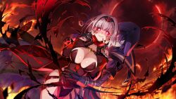beta_(the_eminence_in_shadow) black_sclera breasts cid_kagenou collarbone corruption dress eye_color_change femsub game_cg glowing glowing_eyes large_breasts looking_at_viewer official red_eyes short_hair smile the_eminence_in_shadow white_hair