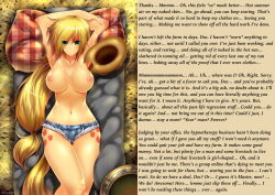 applejack blonde_hair breasts caption caption_only consensual cowgirl emperpep femsub hawkeye_(writer) horse_girl jean_shorts large_breasts long_hair male_pov maledom manip my_little_pony nipples pet_play pov pov_dom short_shorts shorts text topless