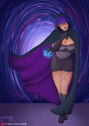  animated animated_gif blue_eyes boots breasts cape cleavage cloak evil_smile female_only glasses gloves knee-high_boots large_breasts looking_at_viewer luna_(lunakiri) lunakiri magic opera_gloves original purple_hair short_hair skirt smile 