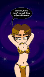  alternate_costume arms_above_head bra brown_eyes brown_hair choker dancing denial dialogue english_text han_solo happy_trance harem_outfit humor hypnoscream jedi_mind_trick male_only maledom malesub midriff navel pov_dom slave_bikini speech_bubble spiralwash_eyes star_wars text thighs unaware 