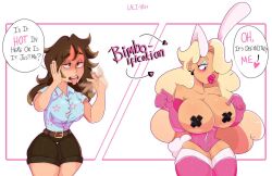  before_and_after bimbofication blonde_hair breast_expansion breasts bunny_ears cross_pasties dialogue femsub huge_breasts lali-yah large_breasts lipstick pasties pink_lipstick text transformation 