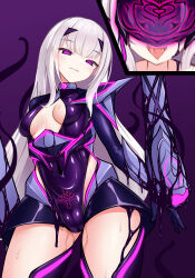  absurdres armor blush breasts cameltoe cleavage cleavage_cutout clothed clothed_exposure collar corruption empty_eyes evil_smile fate/grand_order fate_(series) femsub latex mastersprouts melusine_(fate) multiple_views navel petite purple_eyes pussy_juice shoulder_pads smile solo sweat thighs tongue tongue_out very_long_hair white_hair 
