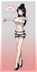  black_hair cleavage clothed collar collarbone control_collar crop_top english_text expressionless female_only femsub high_heels hy2300 hypnotic_accessory long_hair midriff nail_polish navel open_mouth shorts simple_background single_hair_bun speech_bubble tech_control text zombie_walk 