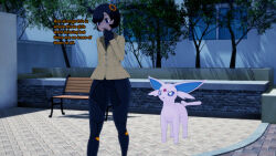  3d black_hair dark_skin emma_(pokemon) espeon nintendo pokemon short_hair sonrio12 text 