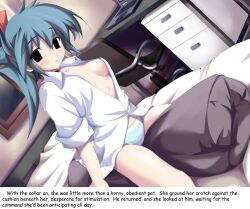 blue_hair collar deathwish_(manipper) empty_eyes expressionless female_only femsub long_hair maledom manip open_clothes panties solo text underwear