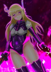  ahoge armor aura bangs blonde_hair blush body_markings cameltoe evil_smile gloves glowing glowing_eyes leotard long_hair looking_at_viewer mapledarkshoco opera_gloves pink_background purple_eyes rubber shoulder_pads simple_background sky_striker_ace_-_raye smile standing sword tattoo thigh_boots thigh_gap thighhighs weapon yu-gi-oh! 