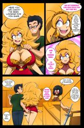  bimbofication black_hair blonde_hair blue_eyes brain_drain breast_expansion comic dress earrings empty_eyes eyeshadow glasses groping high_heels kobi94 large_breasts long_hair makeup short_skirt speech_bubble text transformation twilight_house unaware 