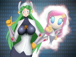 arm_warmers blue_eyes blush clothed corporatification corset cosplay crossover earpiece empty_eyes eyelashes female_only fembot femdom femsub gloves green_hair kid_icarus kirby_(series) large_breasts long_hair looking_at_viewer nintendo open_mouth palutena pink_hair possession robotic_trance skirt super_smash_bros. susie_(kirby) syas-nomis tight_clothing
