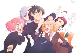 ahoge arms_above_head black_hair blowing_kiss blush character_request closed_eyes copyright_request drool eyebrows_visible_through_hair femsub flower_in_hair gojulas green_eyes grey_hair hand_on_head harem heart_eyes hug hypnovember long_hair maledom multiple_girls necklace open_mouth orange_hair pink_eyes pink_hair ponytail red_hair ribbon shirt short_hair size_difference skirt small_breasts sweat sweater t-shirt tie yellow_eyes